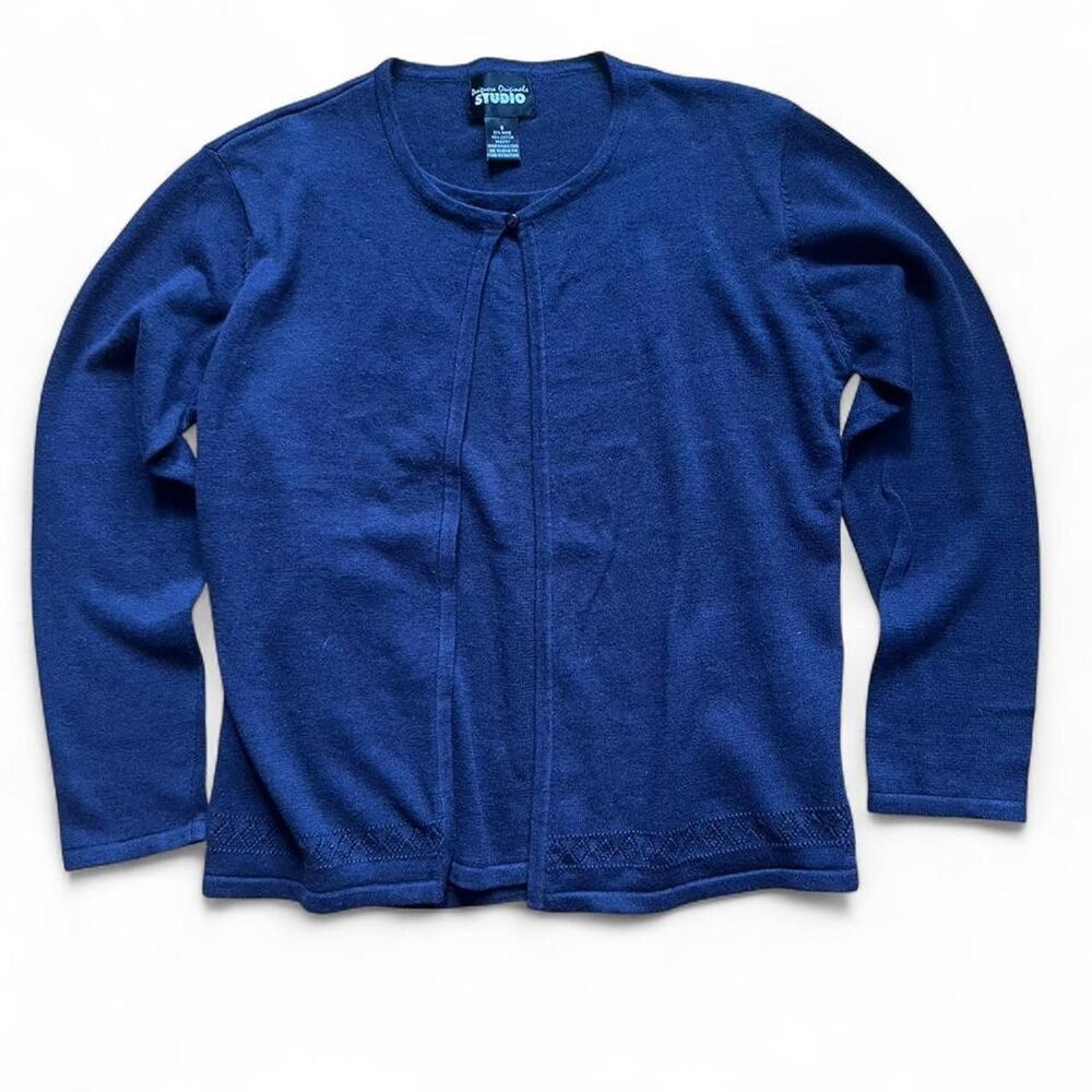Y2K Cotton Ramie Navy Open Front Cardigan Sweater Embroidered Trim Vintage Sz S
